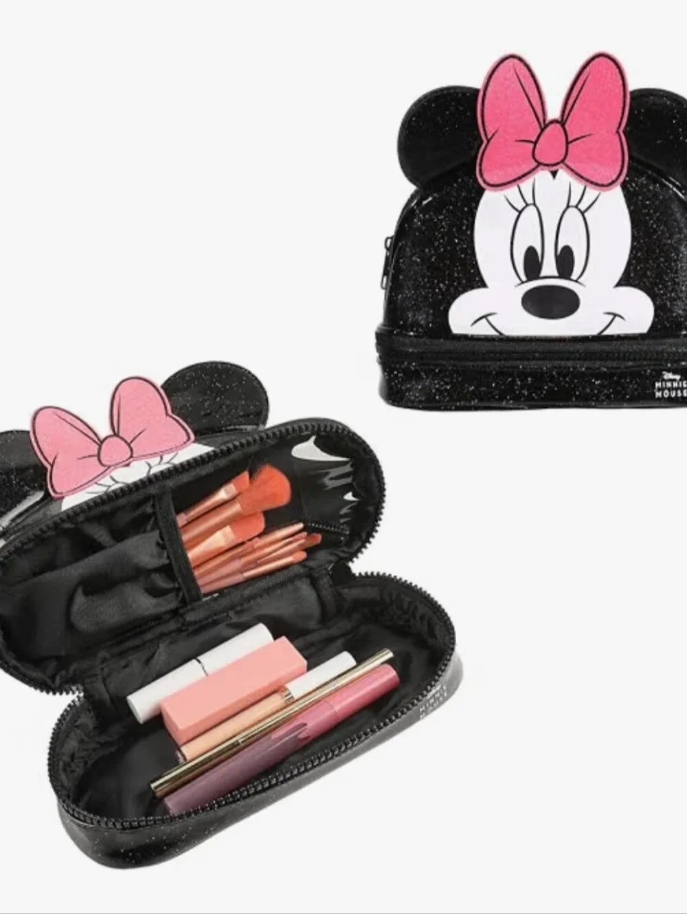 Disney Minnie Mouse Black Glitter Cosmetic Bag 6” 3D Ears Bioworld NEW
